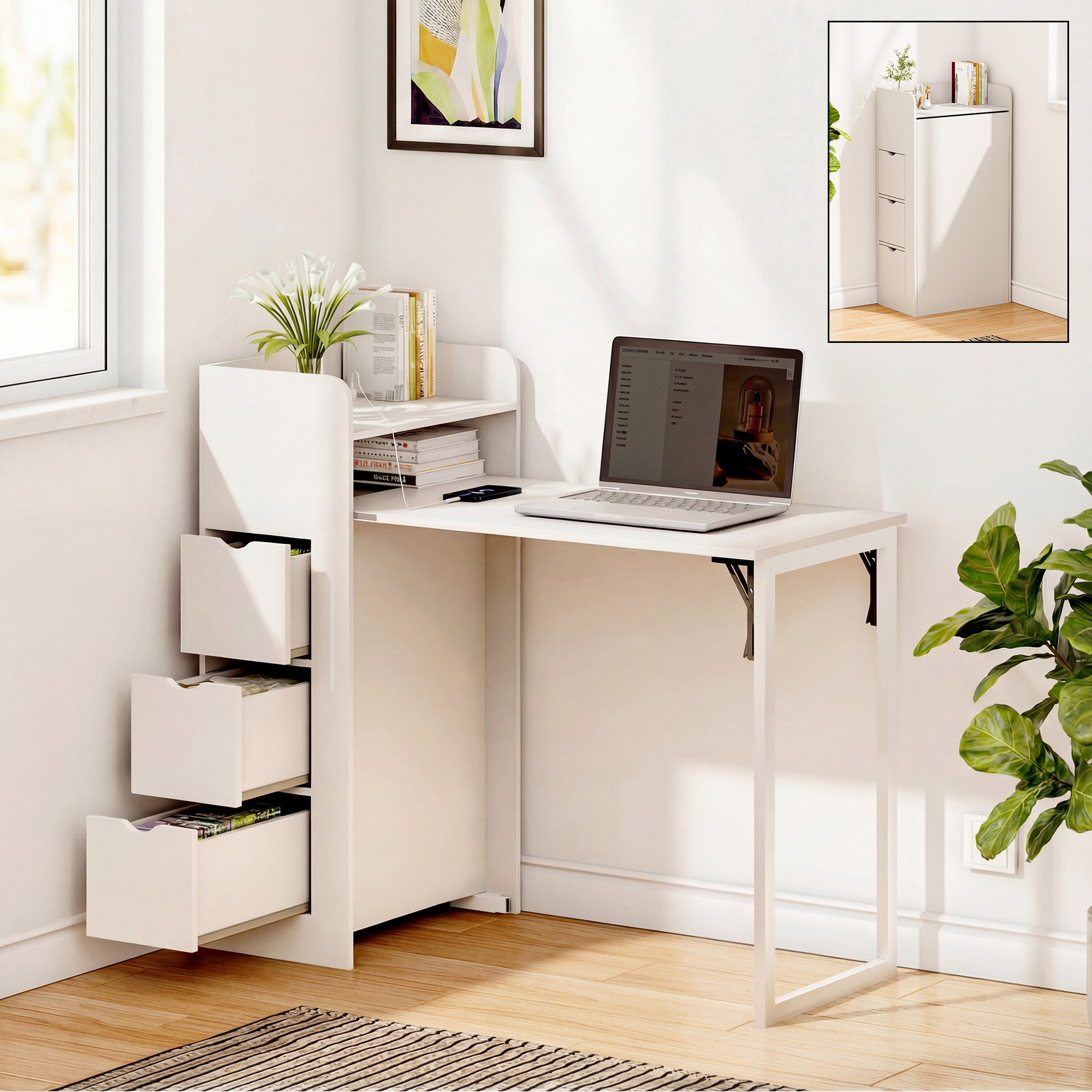 Inbox Zero Wall Mounted Foldable Desk, Space Saving Hidden Desk